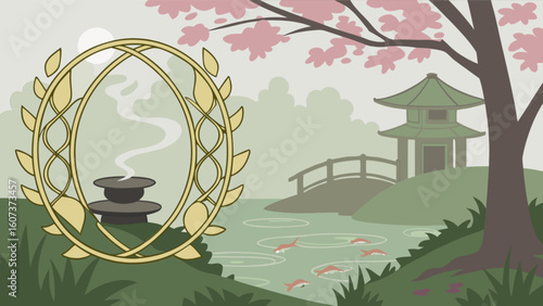Ornamental frame with incense burner in a japanese garden with pagoda and koi fish pond landscape