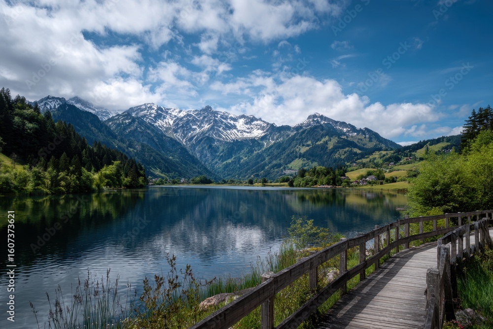 Serene alpine lake reflecting majestic snow capped mountains under a cloudy sky with a winding path Serene alpine lake reflecting majestic snow capped mountains under a cloudy sky with a winding path