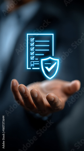 Person holding glowing checklist and shield with checkmark security protection