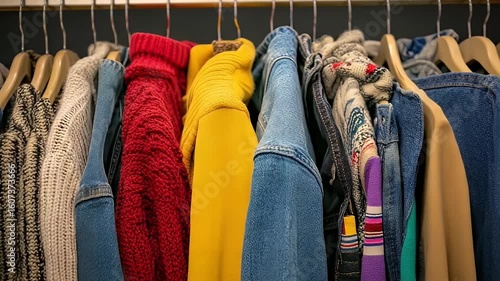 Closet with bright sweaters and denim jackets hanging