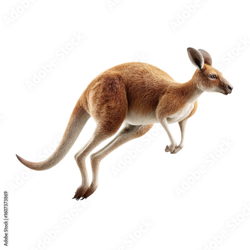 A kangaroo with light brown fur is depicted in a dynamic pose against a black background in the image