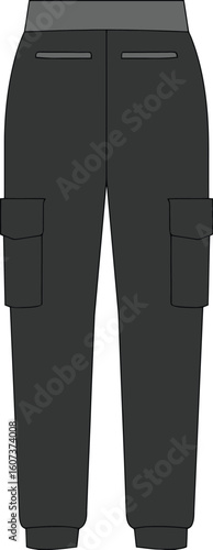A pair of dark grey jogger pants with cargo pockets, isolated on a white background