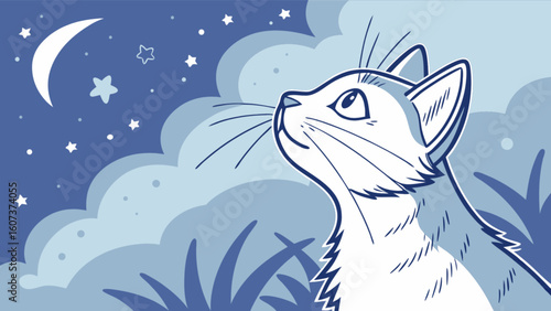 A cat gazes at the night sky with moon and stars in a whimsical illustration style setting scene at night