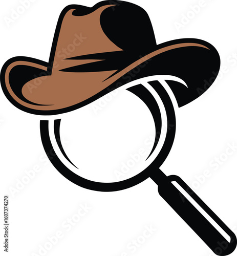 Detective cowboy hat on magnifying glass logo for investigation.