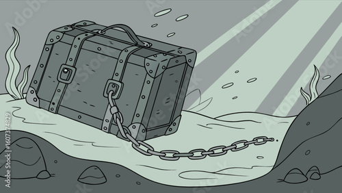 A vintage suitcase with a chain lies on the ocean floor surrounded by rocks and seaweed underwater scene