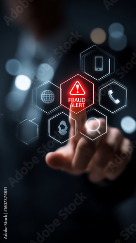 Person interacting with digital fraud alert icons representing security and communication technology