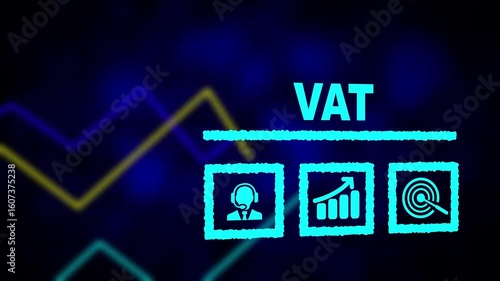VAT business concept on a flashing computer monitor with moving graphs and data. Abstract data graph for business success. Business profit income and capital charts and graphs diagram seamless