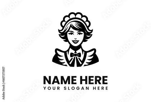 Smiling Maid Logo Design Black and White Illustration.