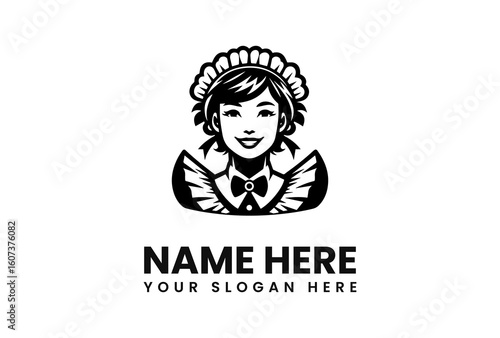 Smiling Maid Logo Design in Monochrome Style.