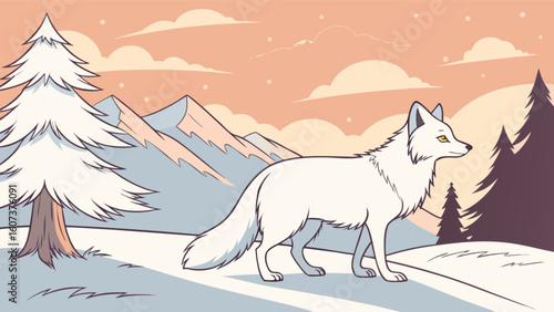 A white fox walking in a snowy landscape with mountains and trees under a pastel colored sky scene