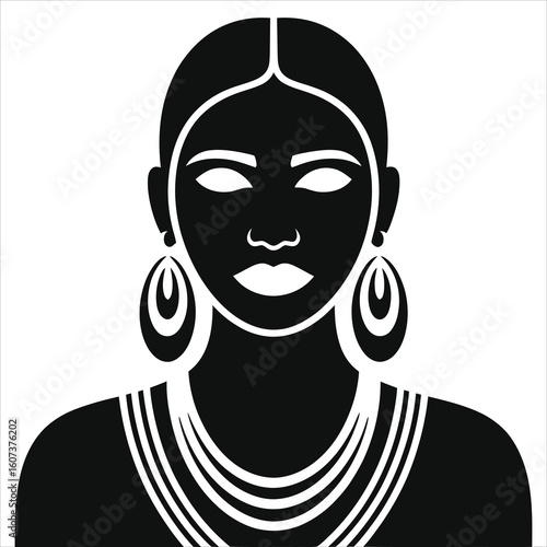 (Tribal Earrings)Abstract Black Silhouette Woman with Statement Jewelry - Unique Fashion Art.