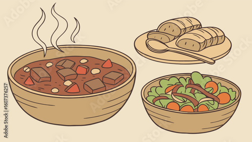 Still life illustration depicting a bowl of stew with steam bread and salad on a light background