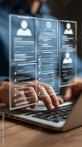 Person reviewing digital profiles on laptop hand