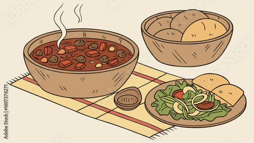 Still life drawing of a bowl of stew with steam, a bowl of potatoes and a salad on a tablecloth