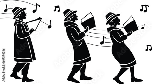 Black silhouette vector of Christmas carolers singing with songbooks and music notes. Festive clip art isolated on transparent background, perfect for holiday, choir, or winter themes.
