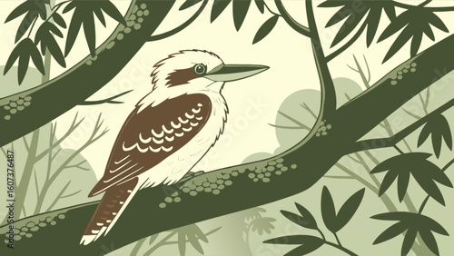 Kookaburra bird perched on a tree branch with green leaves and a light green background in illustration