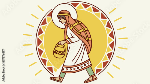 Stylized illustration of a woman with a halo carrying a basket in a patterned circle design