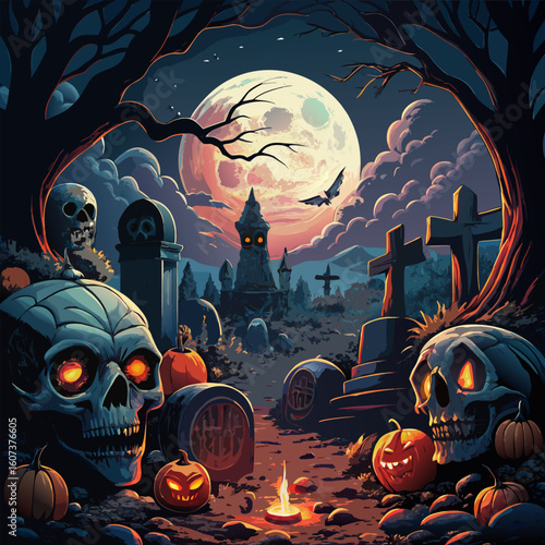 A spooky halloween graveyard scene with glowing skulls and pumpkins under moonlight