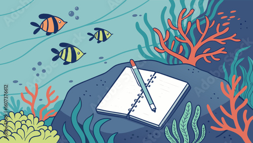 Underwater scene with fish, coral, seaweed, notebook, and pen on a rock formation at the ocean bottom