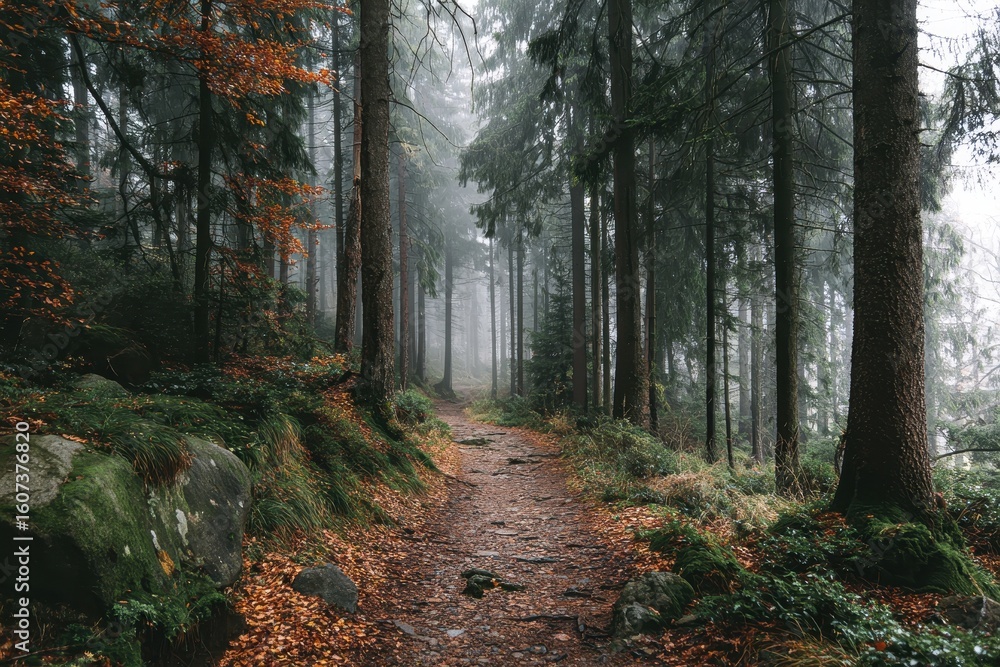 Obraz premium Misty Forest Path in Autumn.