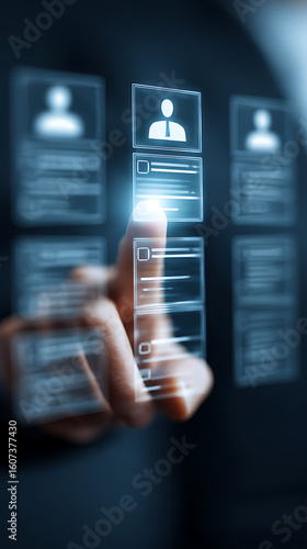 Person touching digital interface with profile information finger screen