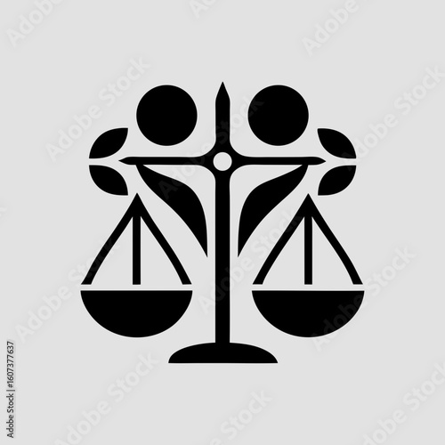 An artistic scales of justice symbol with stylized leaves, representing legal harmony and balance
