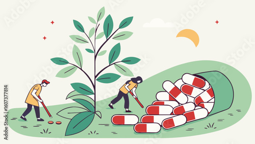 Pharmaceuticals and herbal medicine concept for healthcare and wellness with natural remedies and pill capsules