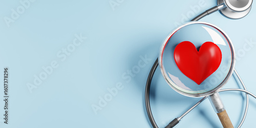 Magnifying glass looking at red heart symbol. Positive thinking mindset or healthcare insurance symbol concept. Business for profit, benefit, development and growth concepts, copy space. 3d render