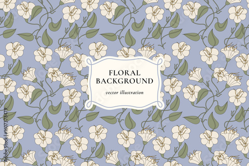 Vintage card with white bells flowers. Floral wreath. Decorative flowers background with label designs. Seamless pattern