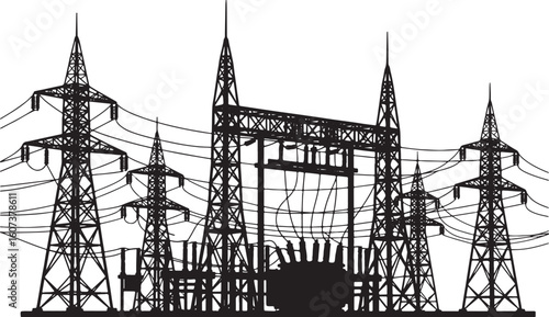 Black silhouette of power transmission towers and electrical substation, power lines, electricity, transmission tower, pylon, substation, electrical grid, energy, infrastructure, high voltage, power s