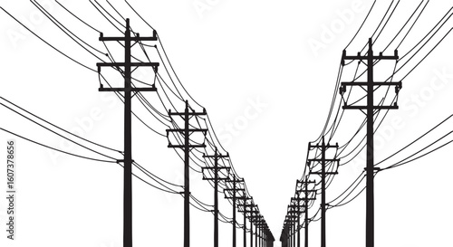 Black silhouette of telephone poles and wires receding into distance, telephone pole, power line, electricity, communication, infrastructure, utility, network, wire, cable, pole, transmission, technol
