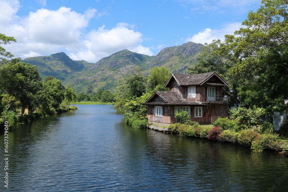 Fototapeta premium Serene riverside dwelling nestled amidst lush tropical foliage and majestic mountain vistas