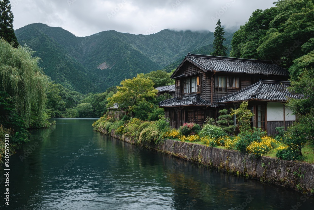 Fototapeta premium Serene riverside japanese village nestled amongst lush green mountains under a cloudy sky