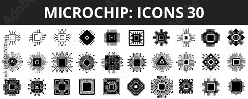 Microchip icons in various designs and styles for technology concept  