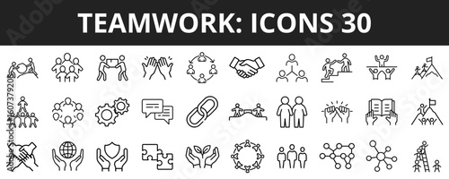 Teamwork icons set representing collaboration and cooperation concept  