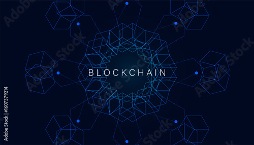 Abstract digital representation of blockchain technology, featuring interconnected geometric shapes and nodes illustrating data integrity and security.