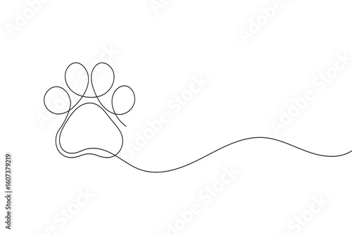 Continuous line drawing of a dog paw print isolated on white background for pet lover design
