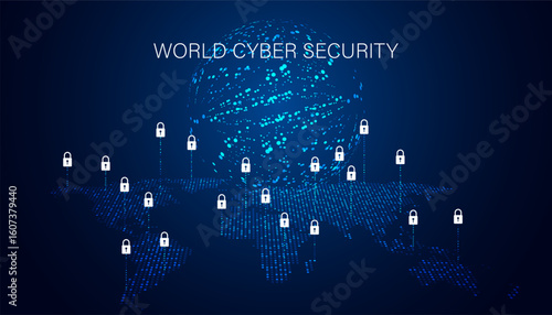 A digital representation of world cyber security showcasing a network of locks over a global map, emphasizing the importance of online protection.