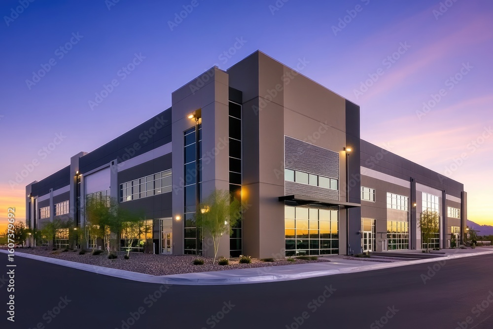 Obraz premium Modern industrial building at twilight. 