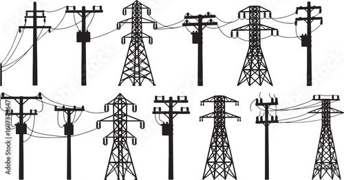 Collection of Black Silhouettes of Power Lines and Towers, power line, electricity, transmission tower, pylon, utility pole, infrastructure, energy, high voltage, electrical grid, power transmission, 