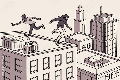Two figures jumping across rooftops in a city with buildings and a tower in the background scene view