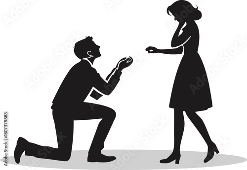 Silhouette vector of a man proposing marriage on one knee to a surprised woman, holding a ring, black icon isolated on transparent background, perfect for romance and wedding themes.