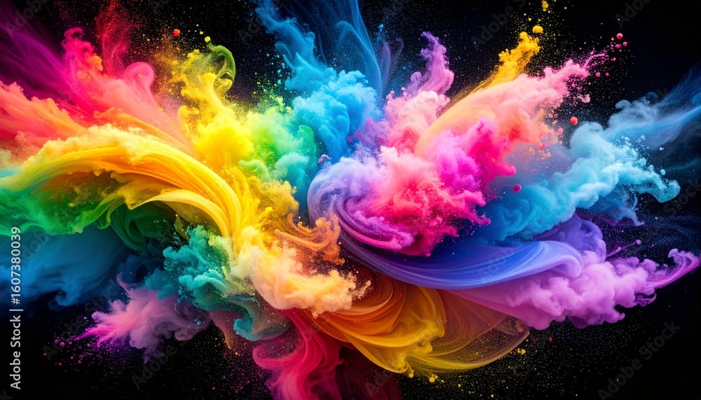 Fototapeta premium Abstract swirls of rainbow pastel chalk dust on a black canvas, soft powder textures with glowing highlights.