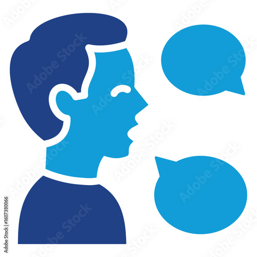 Verbal Communication Glyph Blue Silhouette Vector Design - side-profile person speaking with floating speech bubbles, indicating conversation or discussion