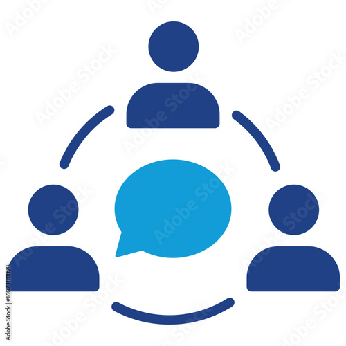 Group Chat Glyph Blue Silhouette Vector Design - Three people connected by a speech bubble, representing team communication or group discussion