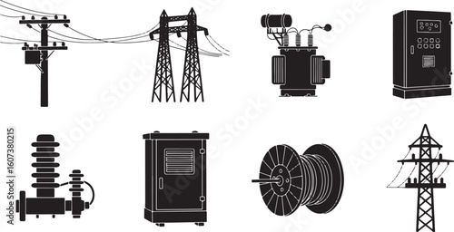 Electrical power transmission and distribution equipment icons, electricity, power, energy, transmission, distribution, pylon, tower, pole, wires, cables, transformer, insulator, switchgear, control p