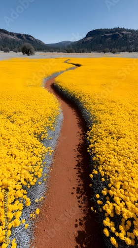 Vibrant yellow flower field with winding dirt path