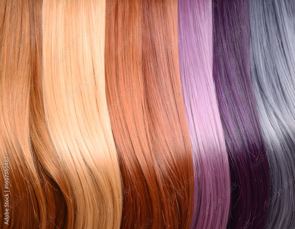 Fototapeta premium Variety of hair color swatches ranging from natural blonde and auburn to vibrant purple and silver, showcasing a wide spectrum of hair dye options.