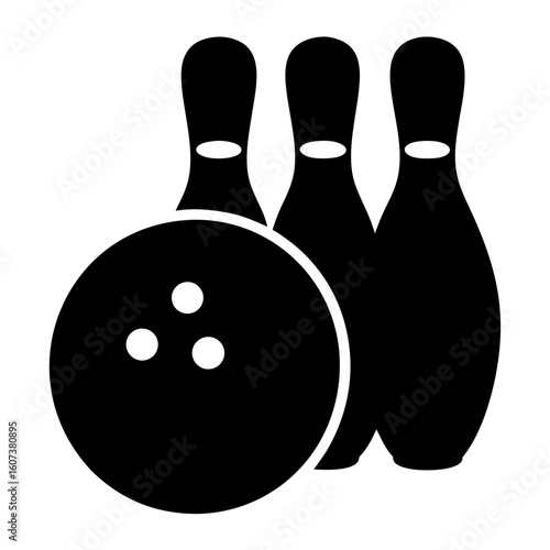 Classic Black and White Bowling Icon with Three Pins and Ball