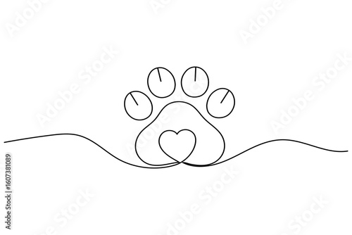 Continuous line drawing of a dog paw print isolated on white background for pet lover design